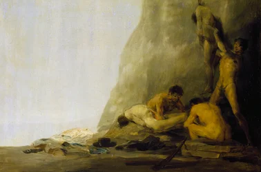 Cannibali che preparano le loro vittime, o I corpi di Jean de Brebeuf e Gabriel Lallemant scuoiati dagli irochesi nel 1649, 1800-08 circa (olio su tavola)
