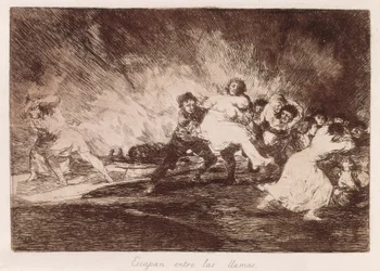 Fuggono attraverso le fiamme. 1810-1812. (16,1 x 23,3 cm). Tavola 47 de «I disastri della guerra». Spagna. Madrid (Comunità autonoma). Madrid. Biblioteca nazionale