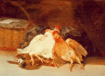 Natura morta con polli morti e un cesto di vimini