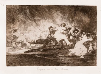 I disastri della guerra: Scappano tra le fiamme (incisione da disegno)