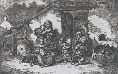 Tavola 19: una famiglia e un ragazzo che gioca con un cane fuori da una casa, dalla serie di costumi..., 1850