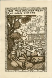Illustrazione di Francisco Sancha Lengo (1874-1936) - Foglio volante, ca. 1915 - Mas vale pajaro en mano que ciento volando - Guerra del 14-18, Germania Prussia, Belligeranti e simboli, Vittoria, Pace, Lingua spagnola, Stampa estera