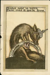 Illustrazione di Francisco Sancha Lengo - Foglio volante, ca. 1915 - Mucho sabe la zorra pero mal el que la toma - Guerra del 14-18, Germania Prussia, Belligeranti e Simboli, Alleati, Lingua spagnola, Stampa estera - Volpe -, Ostruzione, Animazione