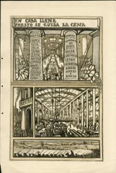 Illustrazione di Francisco Sancha Lengo - Foglio volante, circa 1915 - En casa llena presto se guisa la cena - Guerra del 14-18, Cannoni, proiettili, Fabbriche industriali, Lingua spagnola, Mobilitazione, Stampa estera
