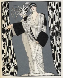 Blanc et noir. Una donna che indossa un costume disegnato nel 1855 da John Redfern, illustrazione da 