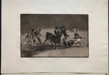 Corride: i mori usano gli asini come barriera per difendersi dal toro..., 1876.