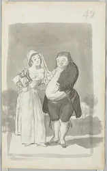 Prostituta che sollecita un uomo grasso e brutto recto, giovane donna che si torce le mani...verso, 1796-97