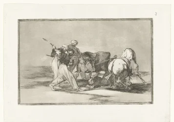 Quattro uomini cacciano un toro; I mori stabiliti in Spagna, abbandonate le superstizioni del loro Corano, adottarono questa caccia e arte e trafiggono un toro nel campo con la lancia; Corride (titolo della serie); La Tauromaquia (titolo della serie)