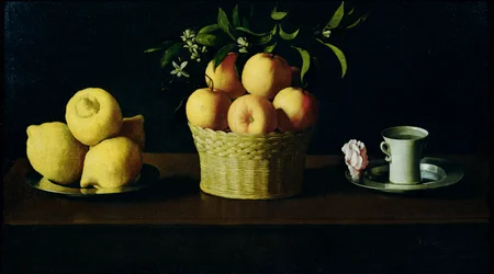 Natura morta con limoni, arance e una rosa