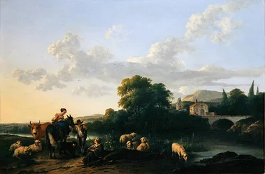 Contadini e bestiame in un paesaggio italiano