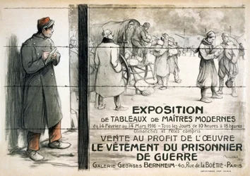 Pubblicità per una mostra di dipinti da vendere per raccogliere fondi per vestiti per prigionieri di guerra