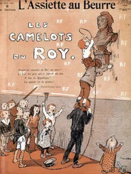 Bambini che detronizzano un busto di Marianna intonando una canzone ironica a favore del gruppo di battaglia realista. Illustrazione di Francisque Poulbot (1879-1946) In "Il piatto con il burro", il 27/03/1909.
