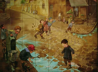 Piastrelle che raffigurano bambini che giocano in strada