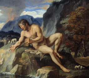 Polifemo, il ciclope con un flauto di Pan, dettaglio di «Aci e Galatea». La ninfa Galatea e Aci sono osservati dal ciclope Polifemo, geloso del loro amore idilliaco. Secondo le «Metamorfosi» di Ovidio. Dipinto di François Perrier (1590-1650), XVII secolo