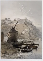 Castello Saint Coar e Rheinfelds. In "Il Reno monumentale e pittoresco". Litografie di Fourmais e Stroobant