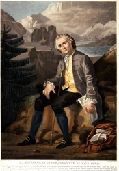 Jean Jacques Rousseau in Svizzera, perseguitato e senza asilo. Acquaforte di Charon da Boucher. XIX secolo. Parigi, Museo Carnavalet.