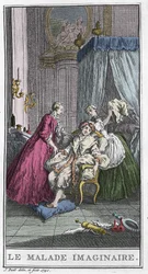 Il malato immaginario. Opera teatrale di Jean Baptiste Poquelin detto Moliere (1622-1673). Incisione in "Le malade imaginaire" di T. de Mare d