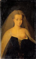 Ritratto di Agnès Sorel (1422-1450), dama di Beauté-sur-Marne, favorita del re Carlo VII (1422-1461). Il suo seno è scoperto. Dipinto di Philippe Comairas (1803-1875) da François Clouet. 1833. H. 0,3 x 0,19 m. Versailles, museo del castello