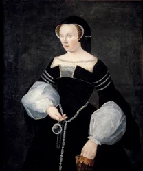 Ritratto di Diana di Poitiers, signora di Brézé, duchessa di Valentinois (1499-1566), in abito da lutto (costume da vedova) per il marito Louis de Brézé, morto nel 1531, con uno specchio in mano, intorno al 1550, circa 1