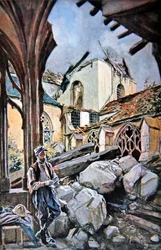 Battaglia di Verdun: Soldato francese mangia le sue razioni in un chiostro in rovina della cattedrale
