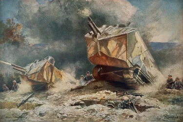 Carro armato francese della Prima Guerra Mondiale tipo St Chamond che avanza sulle posizioni tedesche