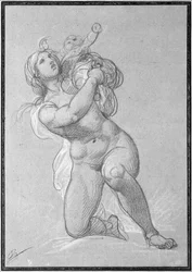 Donna nuda inginocchiata che tiene un bambino