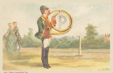 P (lettera mostrata da un suonatore di corno da caccia)
