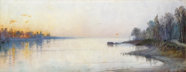 Ampio fiume calmo al tramonto, paesaggio del Nilo