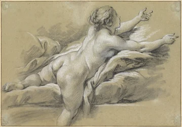 Una donna nuda che allunga la mano verso destra
