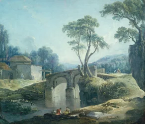 Paesaggio boscoso con un ponte su un fiume