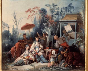 Scena di giardino cinese raffigurante una giovane donna circondata da servitori. Dipinto di Francois Boucher (1703-1770)