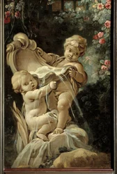 Pannello della porta del salotto Demarteau: fontana con due amori