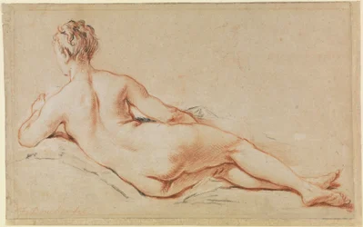 Nudo femminile disteso, appoggiato sul braccio sinistro, visto di schiena