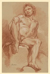 Studio di nudo maschile, seduto e visto di fronte