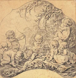 Putti in un paesaggio che tirano frecce e aprono una gabbia, un trofeo di caccia in primo piano