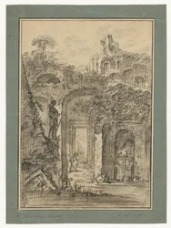 Paesaggio di rovine romane con figure isolate