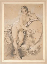 Venere in piedi, che indica un cuore su un bersaglio con due colombe