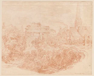 Vista degli edifici rurali e della torre della chiesa