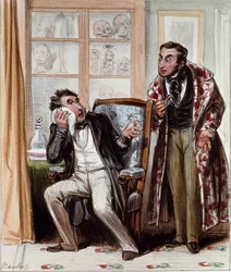 Dentista. Caricatura di un paziente con un forte mal di denti che consulta un dentista. Incisione di Bouchot, circa 1830. Parigi, Musée Carnavalet.