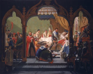 Enrico IV (1553-1610) riceve gli attributi della monarchia dal morente Enrico III (1551-1589) 1814