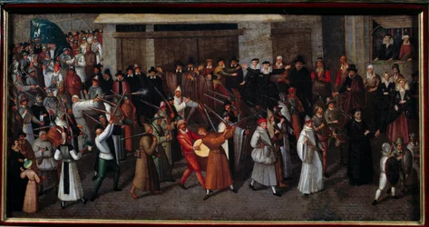 Guerre di religione tra cattolici e protestanti: Processione della Lega alla fine di Notre Dame nel 1593. Dipinto di Francois II Bunel