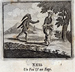 Un pazzo e un saggio. Favole di Jean de La Fontaine (1621-95). Illustrazione di François Chauveau (1613-1676). Edizione del 1728.