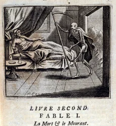 Morte e morire. Favole di Jean de La Fontaine (1621-95). Illustrazione di François Chauveau (1613-1676). Edizione del 1728.