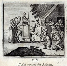 Asino che porta reliquie. Favole di Jean de La Fontaine (1621-95). Illustrazione di François Chauveau (1613-1676). Edizione del 1728