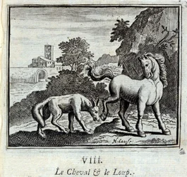Il Cavallo e il Lupo. Favole di Jean de La Fontaine (1621-95). Illustrazione di François Chauveau (1613-1676). Edizione del 1728