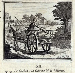 Il maiale, la capra e la pecora. Favole di Jean de La Fontaine. Illustrazione di François Chauveau. Edizione del 1728.