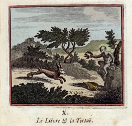 Le lepre e la tartaruga - Favole di Jean de La Fontaine (illustrazione di Francois Chauveau, edizione del 1728)