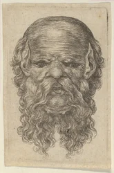 Maschera di un uomo calvo con orecchie a punta e lunga barba divisa, da Divers Masques, ca. 1635-45