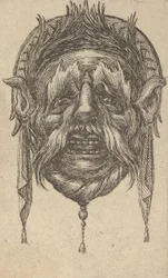 Maschera con sopracciglia lunghe e baffi e un copricapo con stoffa pendente, da Dive..., ca. 1635-45