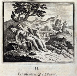 Membri e Stomaco. Favole di Jean de La Fontaine (1621-95). Illustrazione di François Chauveau (1613-1676). Edizione del 1728